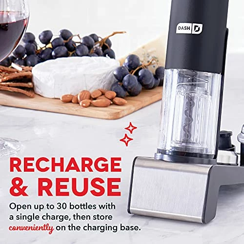 Outlet 🎁 Dash Serve & Preserve Wine Set – Rechargeable Electric Wine Preservation System – Wine Bottle Opener, Vacuum Sealer, 2 Reusable Caps + Charging Base – Black 🎁 - Image 4