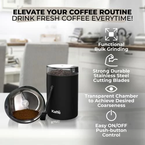 Top 10 🔥 Kaffè Kaffe Coffee Grinder Electric - Spice Grinder W/ Cleaning Brush, Easy On/Off - Perfect For Espresso, Herbs, Spices, Nuts, Grain - 3.5oz / 14 Cup. Black 🔥 - Image 3