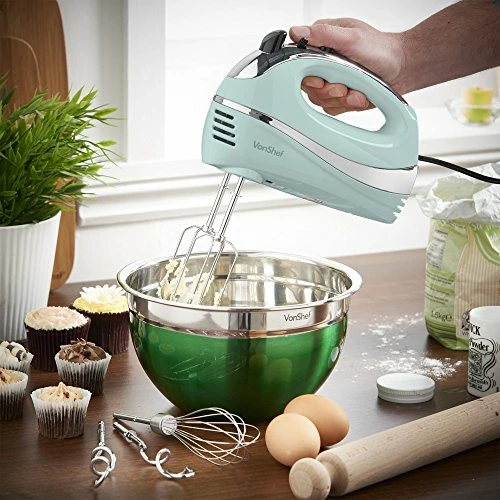Discount ๐ VonShef 5-Speed Hand Mixer - Electric 250W Hand-held Mixer With Turbo Boost Button & Stainless Steel Accessories (Chrome Beater, Dough Hook & Balloon Whisk) For Baking Cookies, Brownies & Cakes - Blu ๐