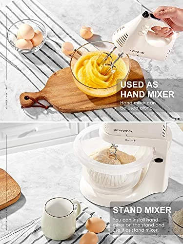 New 🤩 Cozeemax 2 In 1 Hand Mixers Kitchen Electric Stand Mixer With Bowl 3 Quart, Electric Mixer Handheld For Everyday Use, Dough Hooks & Mixer Beaters For Frosting, Meringues & Mor 🎉