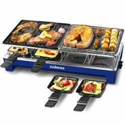 Top 10 😉 Raclette Table Grill, CUSIMAX Indoor Grill Electric Grill, Portable Korean BBQ Grill With 2 In 1 Reversible Non-stick Plate & Natural Grill Stone, 8 Raclette Pans 8 Wooden Spatulas For Family Fun, 1500W Blue Green 🔔