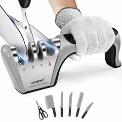 Best Pirce 🔥 4-in-1 Longzon [4 Stage] Knife Sharpener With A Pair Of Cut-Resistant Glove, Original Premium Polish Blades, Best Kitchen Knife Sharpener Really Works For Ceramic And Steel Knives, Scissors. Black+silver 😍