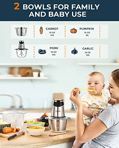 Budget โ๏ธ Syvio Food Processors With 2 Bowls, Meat Grinder 4 Bi-Level Blades, Mini Electric Food Chopper 400W, For Baby Food, Meat, Onion, Vegetables, 2 Speed, 8 Cup And 5 Cup โ - Image 2