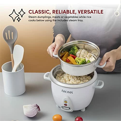 Flash Sale ๐คฉ Aroma Housewares 6-Cup (Cooked) / 1.2Qt. Select Stainless Pot-Style Rice Cooker, & Food Steamer, One-Touch Operation, Whit ๐ฅ - Image 3